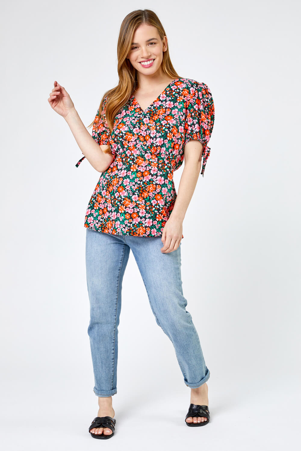 Red Petite Floral Print V Neck Top, Image 3 of 4