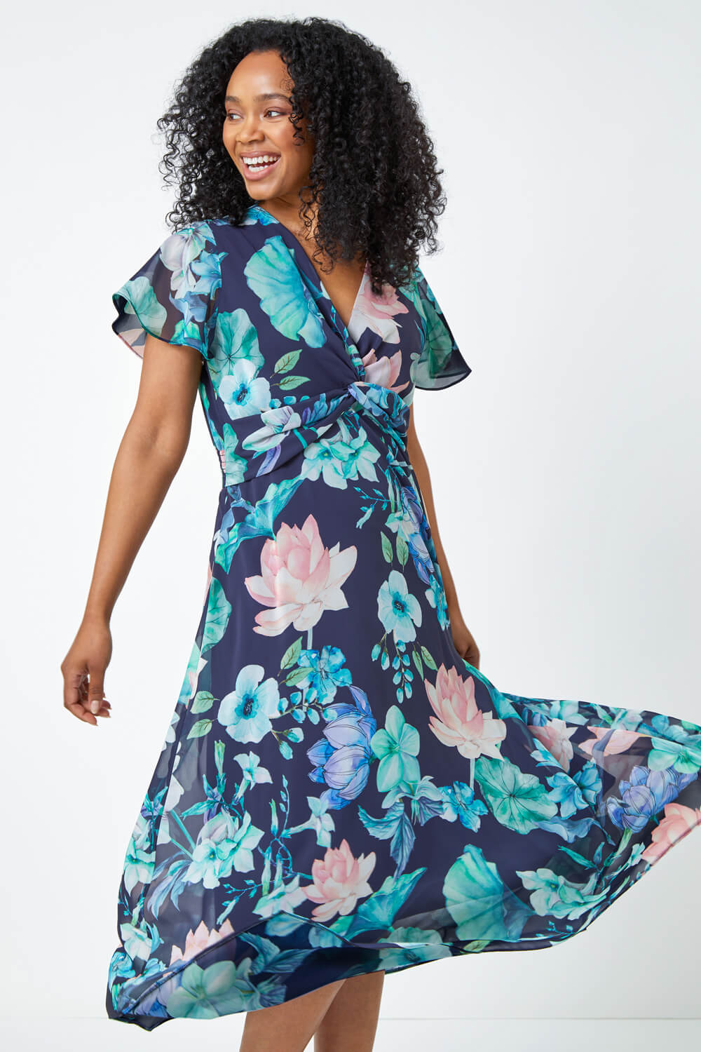 Navy  Petite Floral Print Twist Front Maxi Dress, Image 4 of 5
