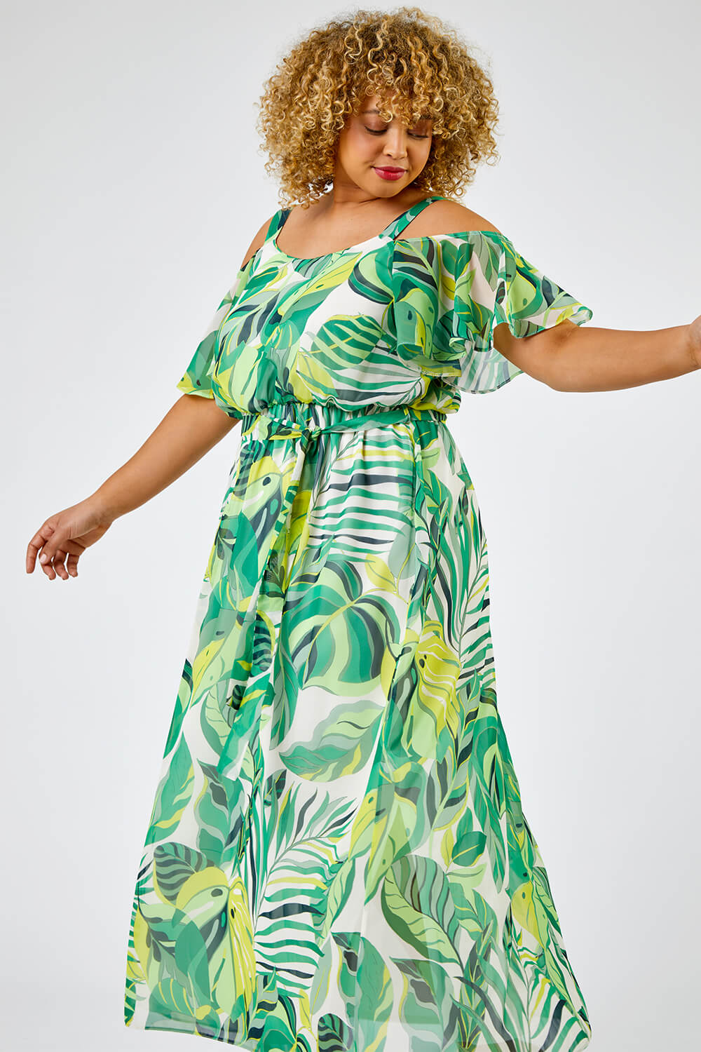 Curve Tropical Leaf Print Cold Shoulder Maxi Dress in Green - Roman ...