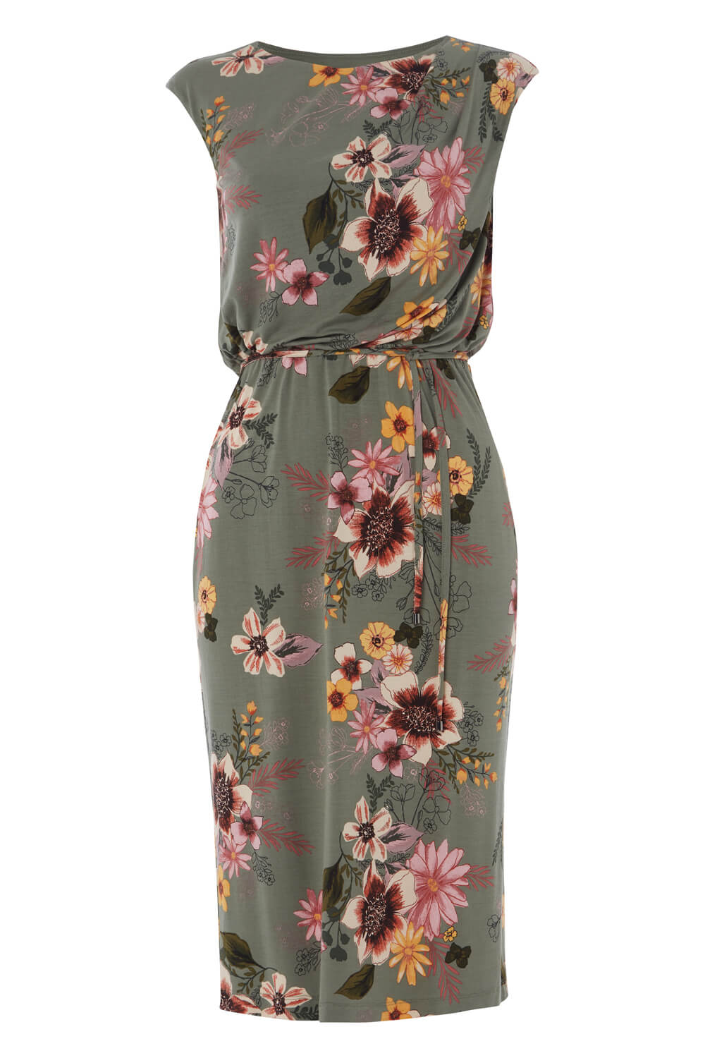 Floral Elasticated Waist Midi Dress in Khaki - Roman Originals UK