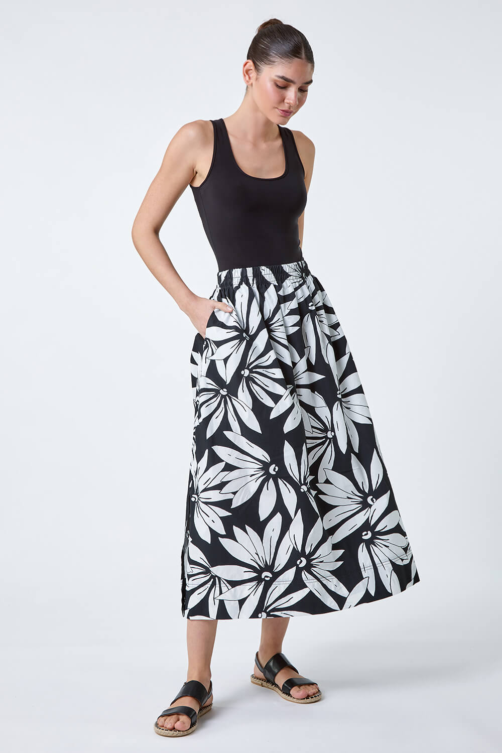 Black Floral Cotton Poplin Pocket Skirt, Image 2 of 5
