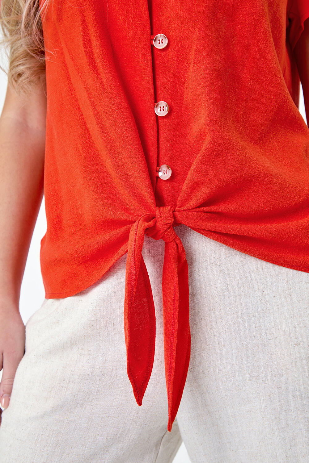 ORANGE Petite Plain Linen Blend Tie Top, Image 5 of 5
