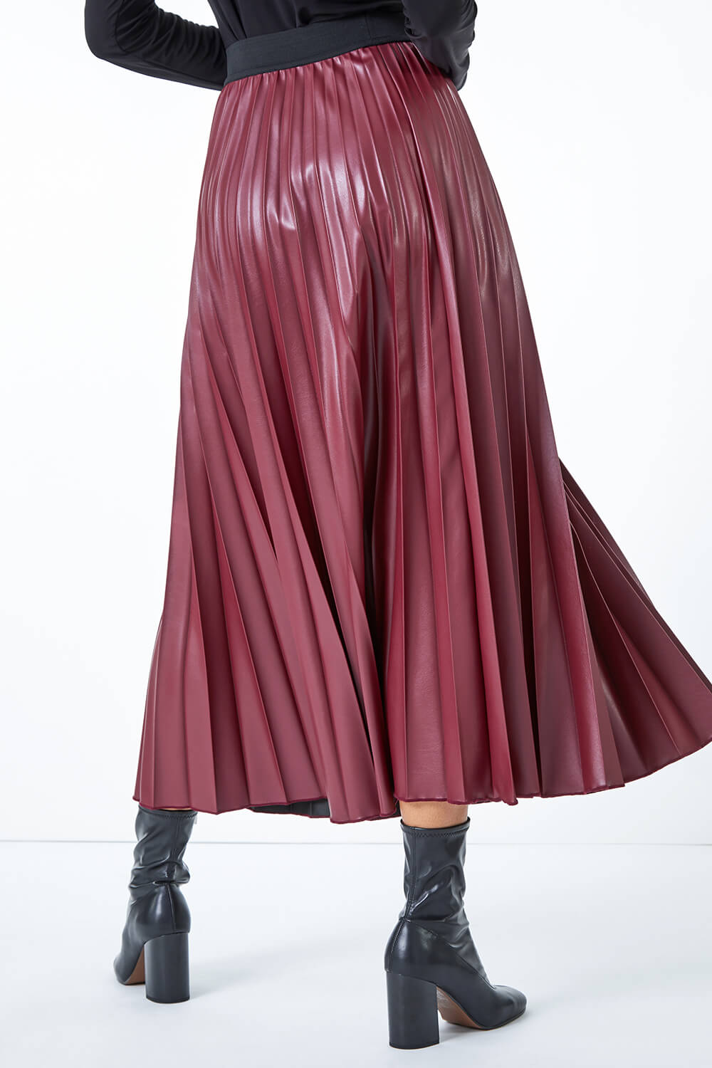 Red Faux Leather Pleated Maxi Skirt, Image 4 of 5