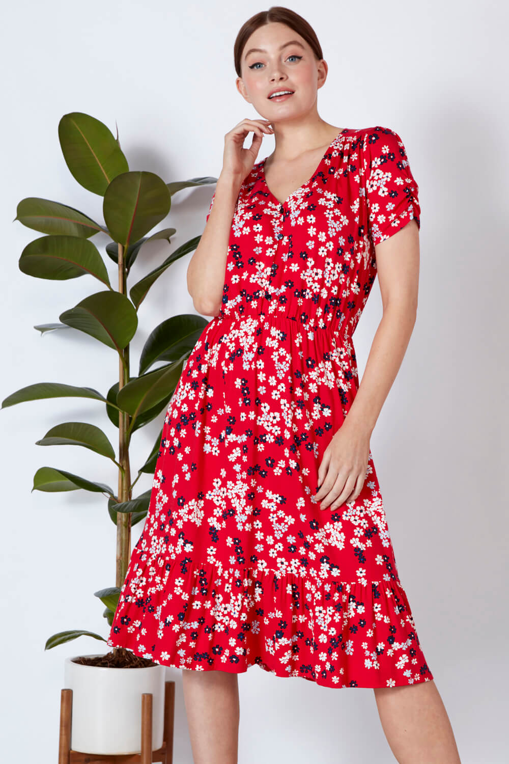 Floral Print Tiered Midi Dress 