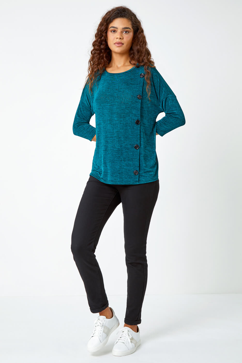Teal Button Detail Marl Stretch Top, Image 2 of 5