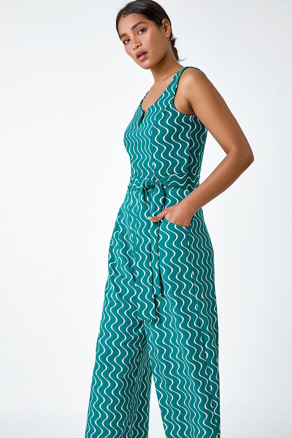 Forest  Belted Wave Print Cropped Jumpsuit, Image 3 of 5