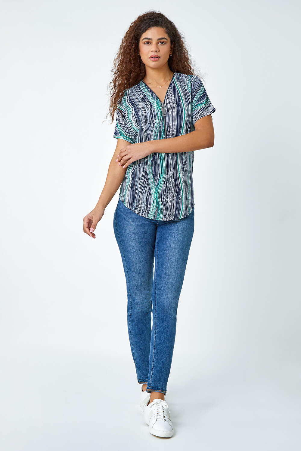 Green Textured Abstract Stretch Zip Detail Top, Image 2 of 5