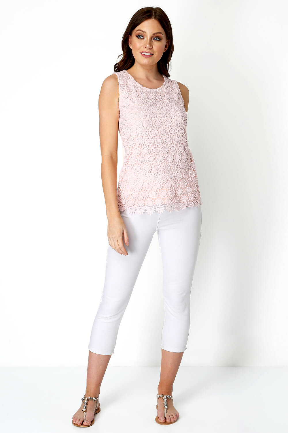Light Pink Lace Front Jersey Vest Top, Image 2 of 8