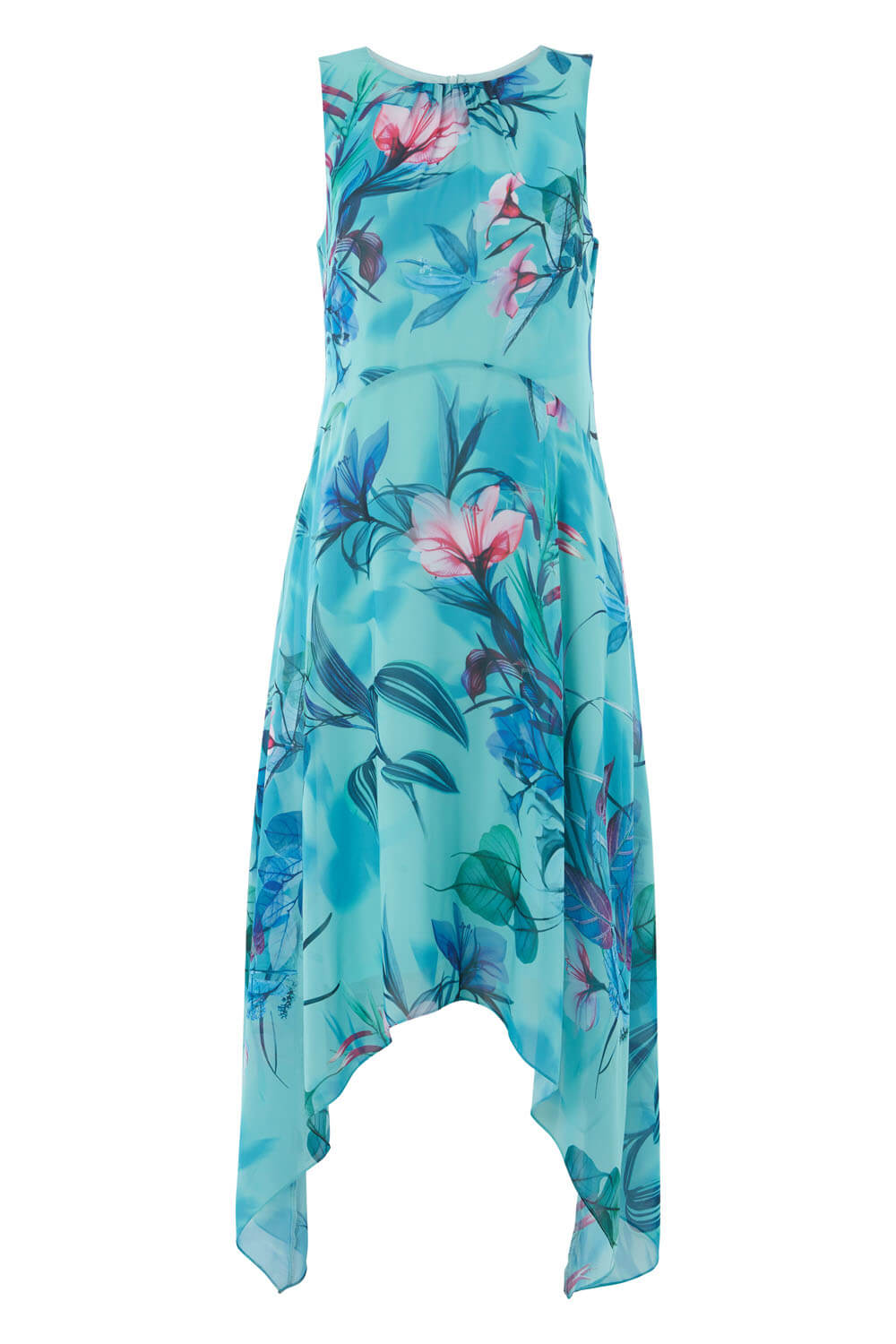 Turquoise Floral Chiffon Hanky Hem Midi Dress, Image 4 of 4