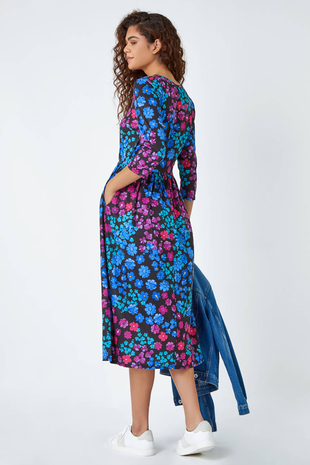 Multi  Floral Print Midi Stretch Dress , Image 3 of 5