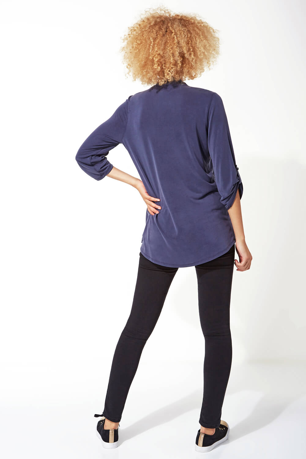 Navy  V-Neck Pleat Front Top, Image 3 of 6