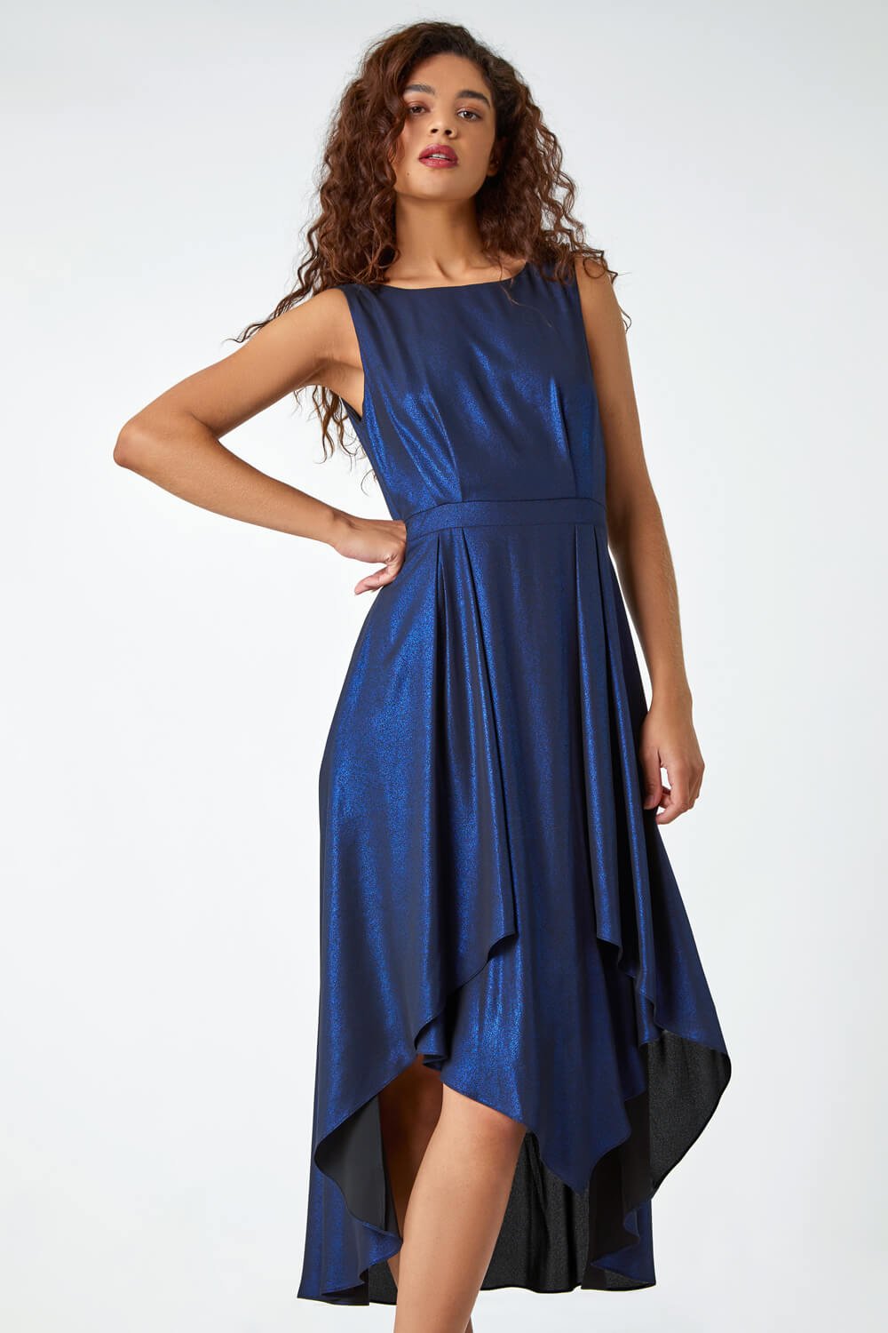 Royal Blue Pleat Detail Shimmer Midi Dress, Image 2 of 5
