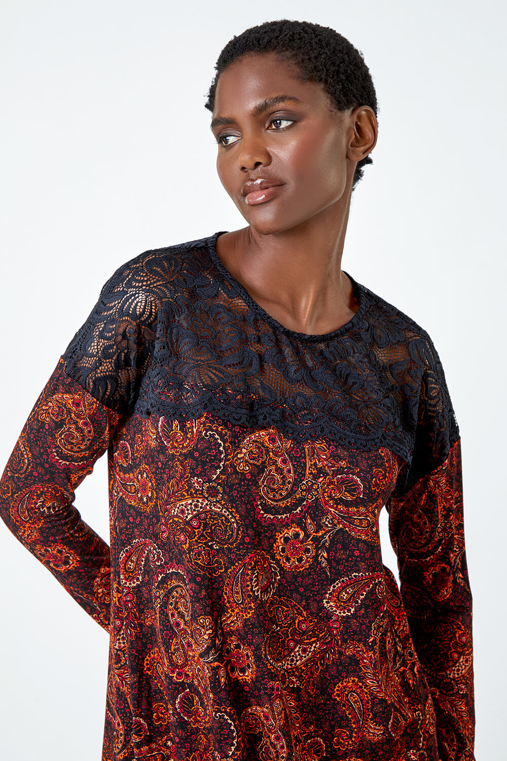 Red Lace Detail Paisley Print Stretch Top , Image 4 of 5