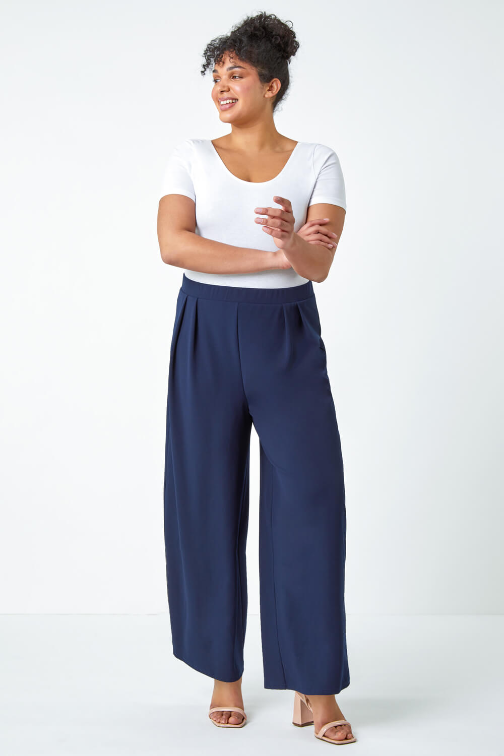 Navy  Curve Wide Leg Pleat Stretch Trousers, Image 2 of 5
