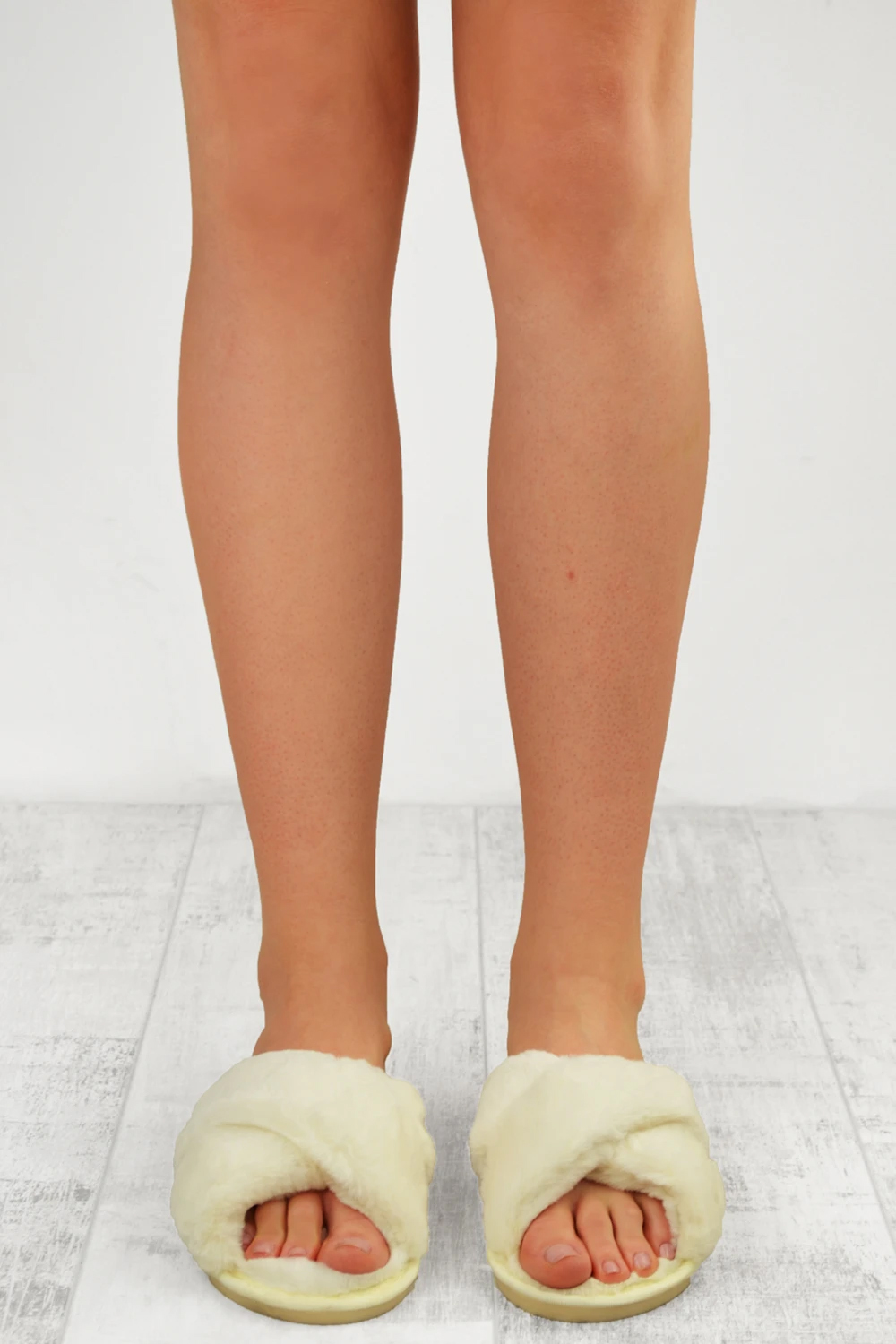 Cream  Faux Fur Fluffy Cross Over Slippers, Image 3 of 4
