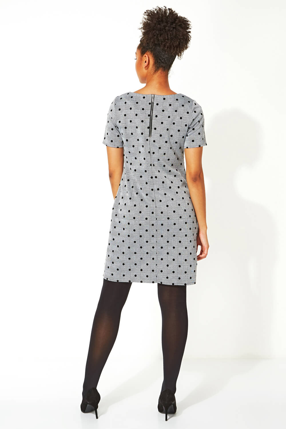 Grey Polka Dot Checked Smart Shift Dress, Image 3 of 5