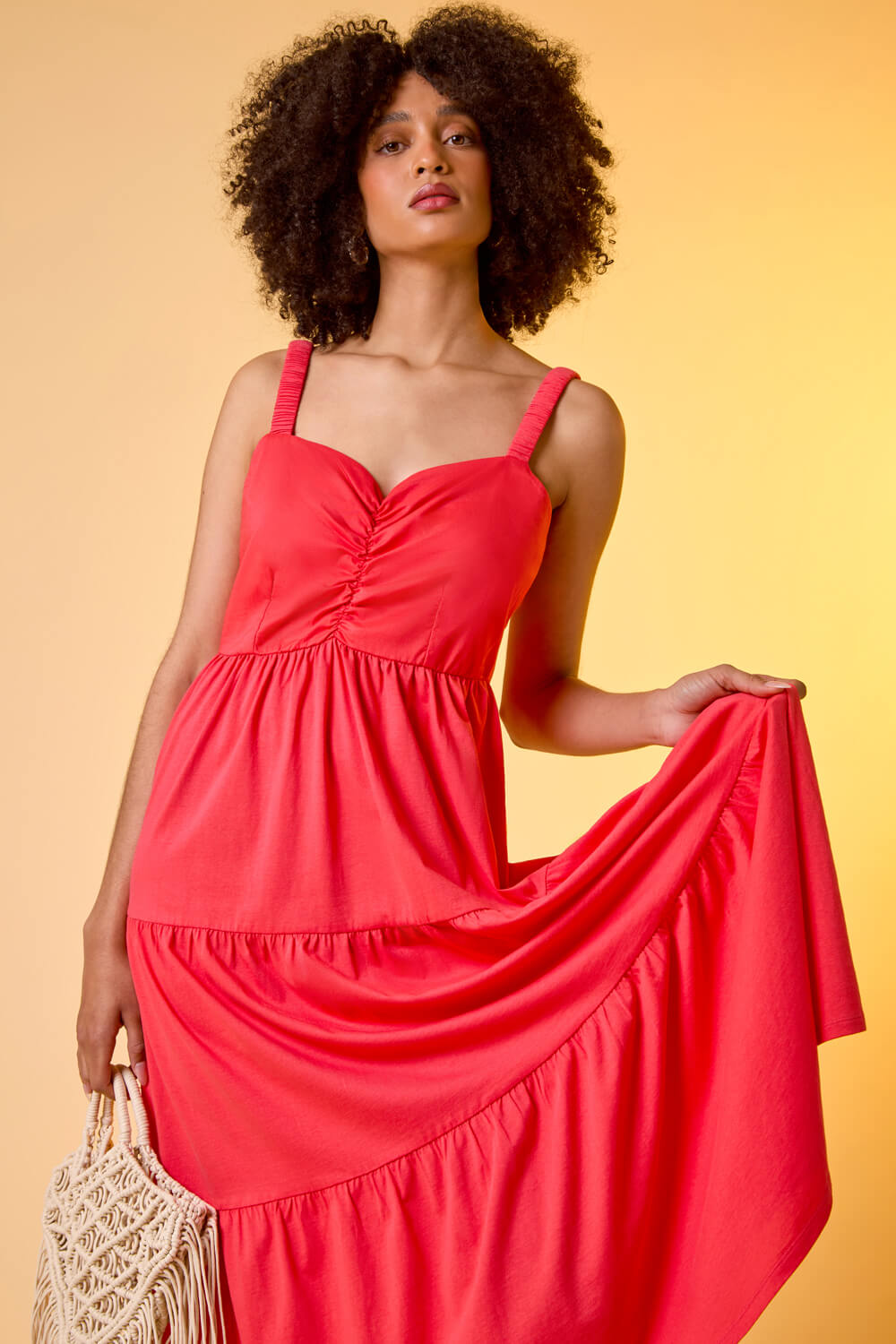 CORAL Cotton Strappy Tiered Midi Dress, Image 7 of 7
