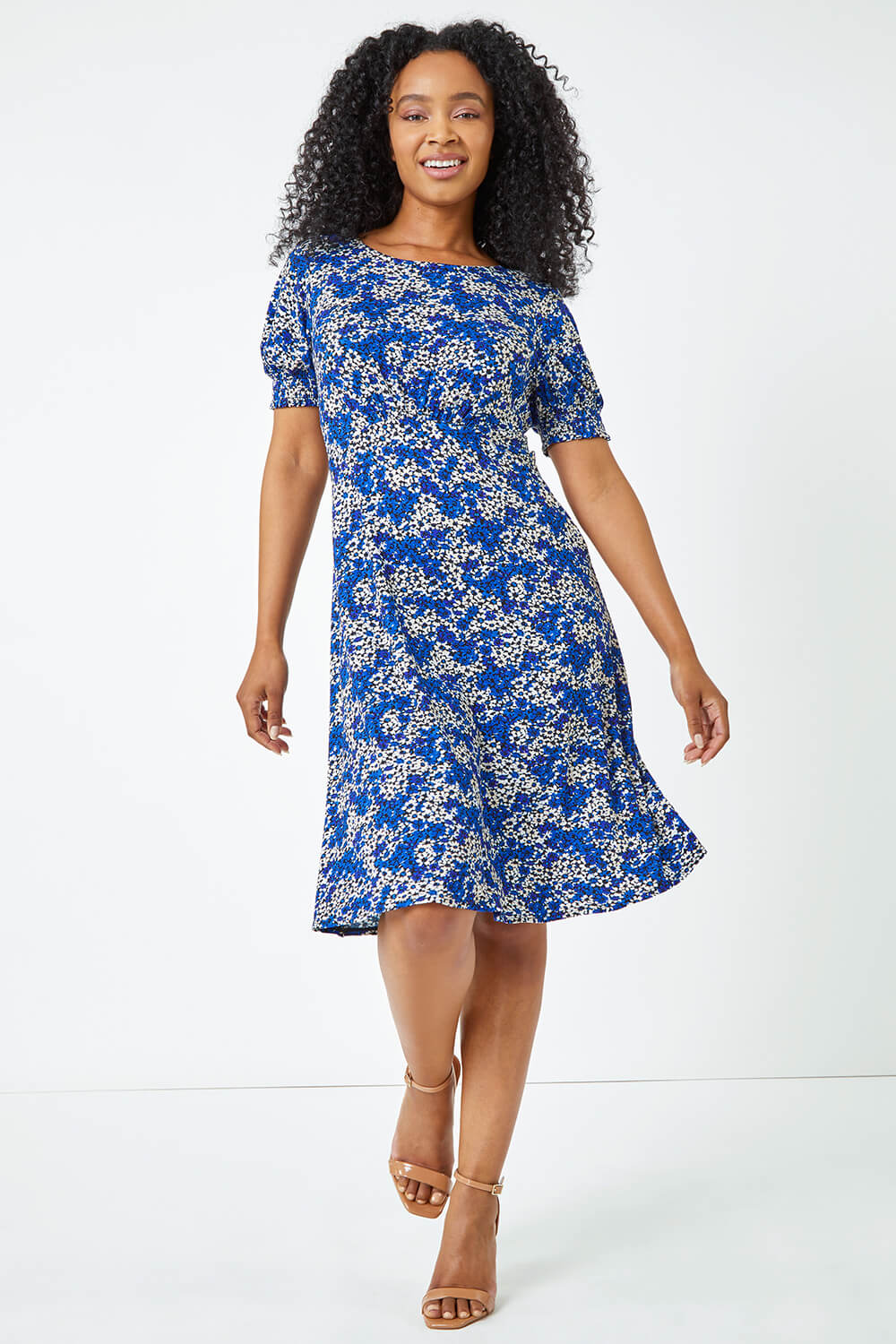 Royal Blue Petite Shirred Sleeve Floral Dress, Image 3 of 5
