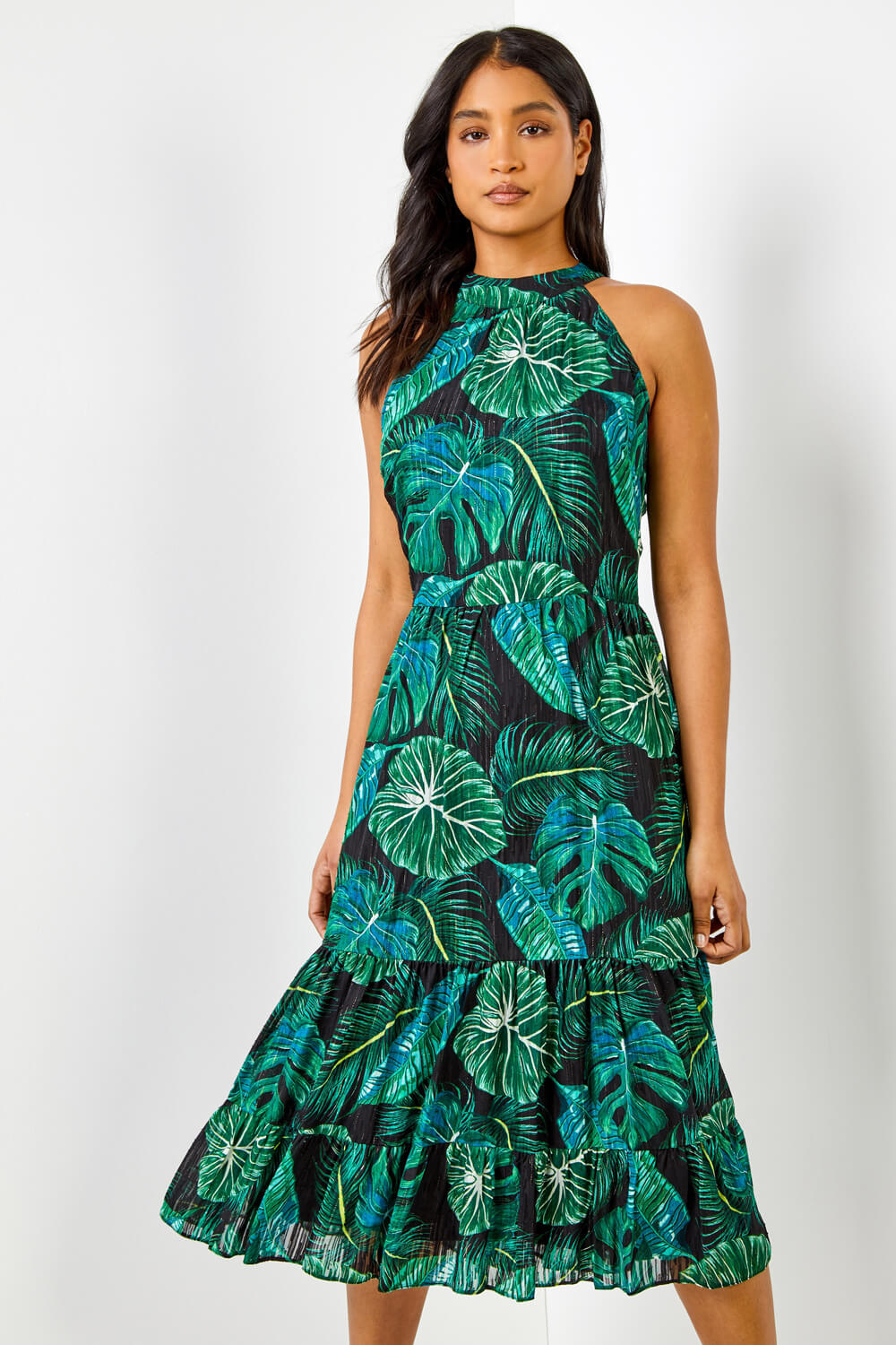 Green Textured Leaf Print Tiered Maxi Dress, Image 3 of 5