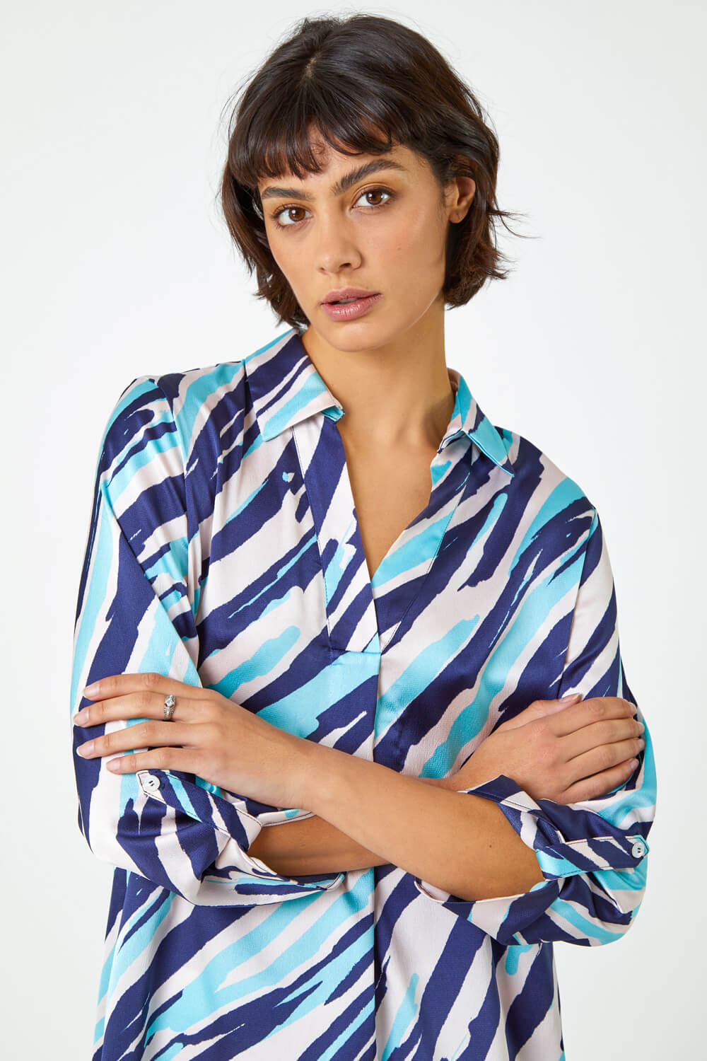 Navy  Abstract Print Collared Overshirt, Image 4 of 5