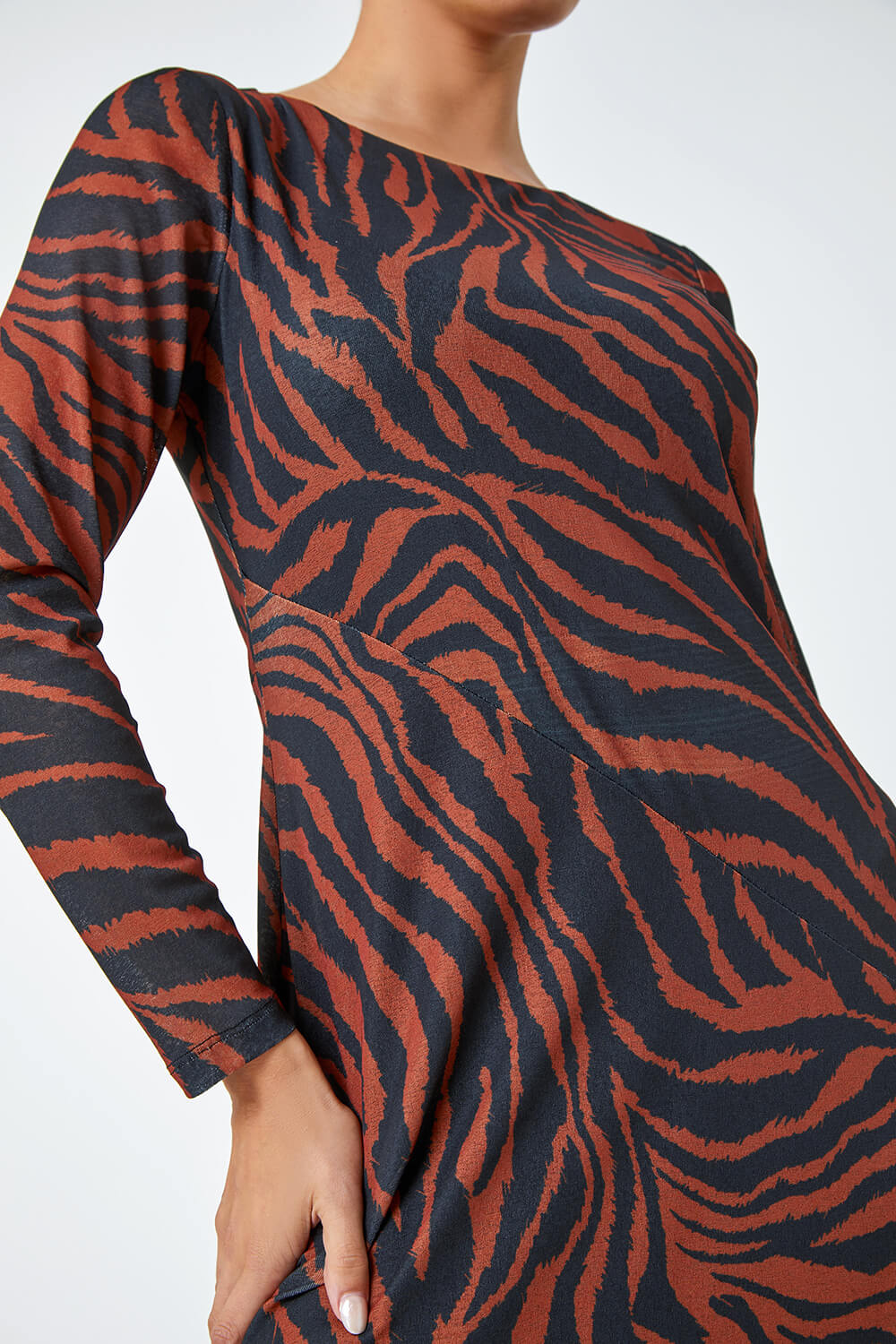 Tan Tiger Print Mesh Midi Stretch Dress, Image 5 of 5
