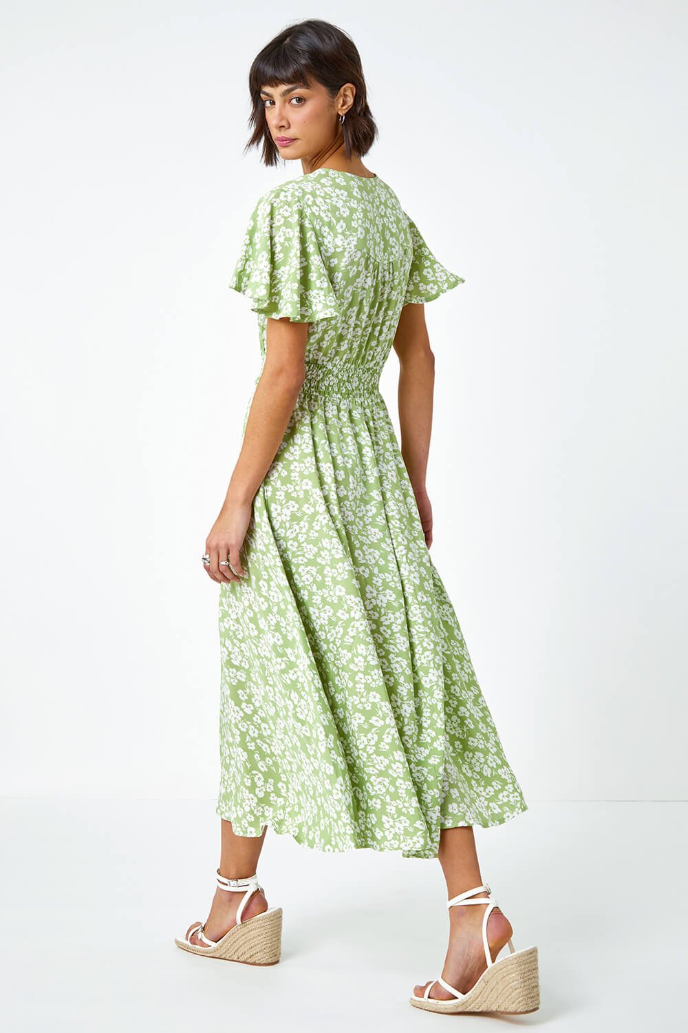 Green Floral Print Shirred Waist Midi Dress, Image 4 of 6