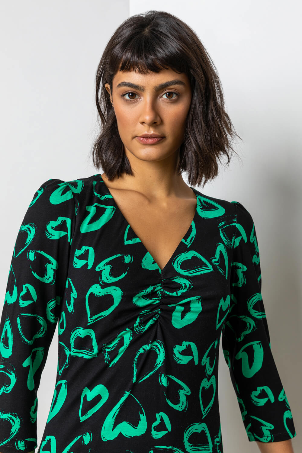 Frill Detail Heart Print Dress in Green - Roman Originals UK