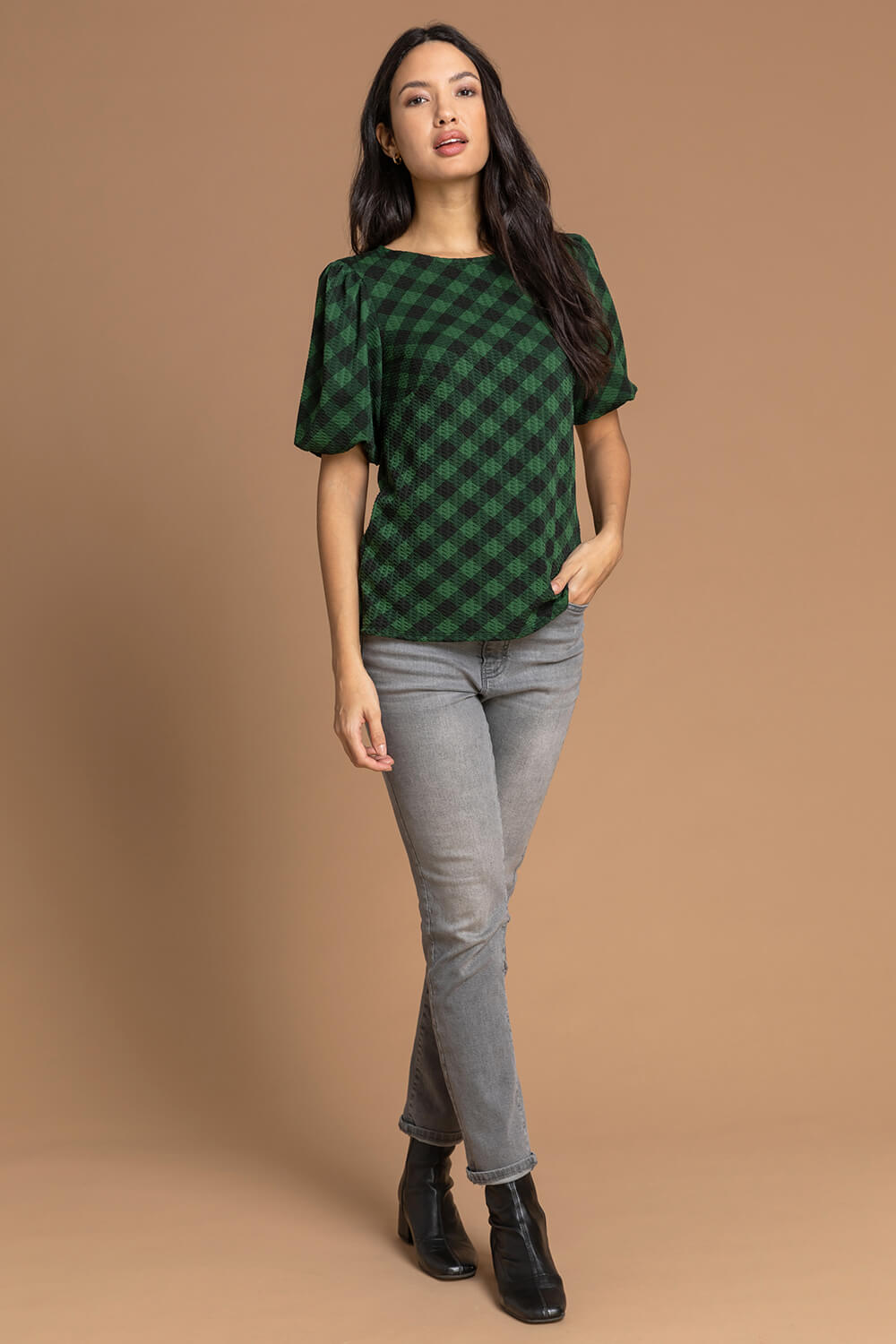 Green Check Print Puff Sleeve Top, Image 3 of 4