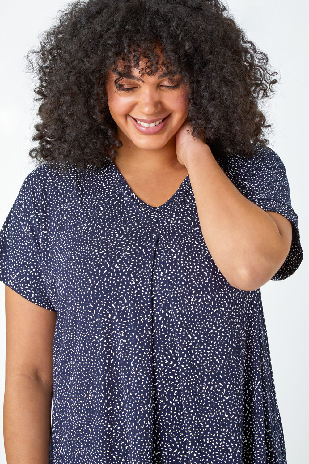 Navy  Curve Ditsy Spot Print Stretch Top, Image 4 of 6