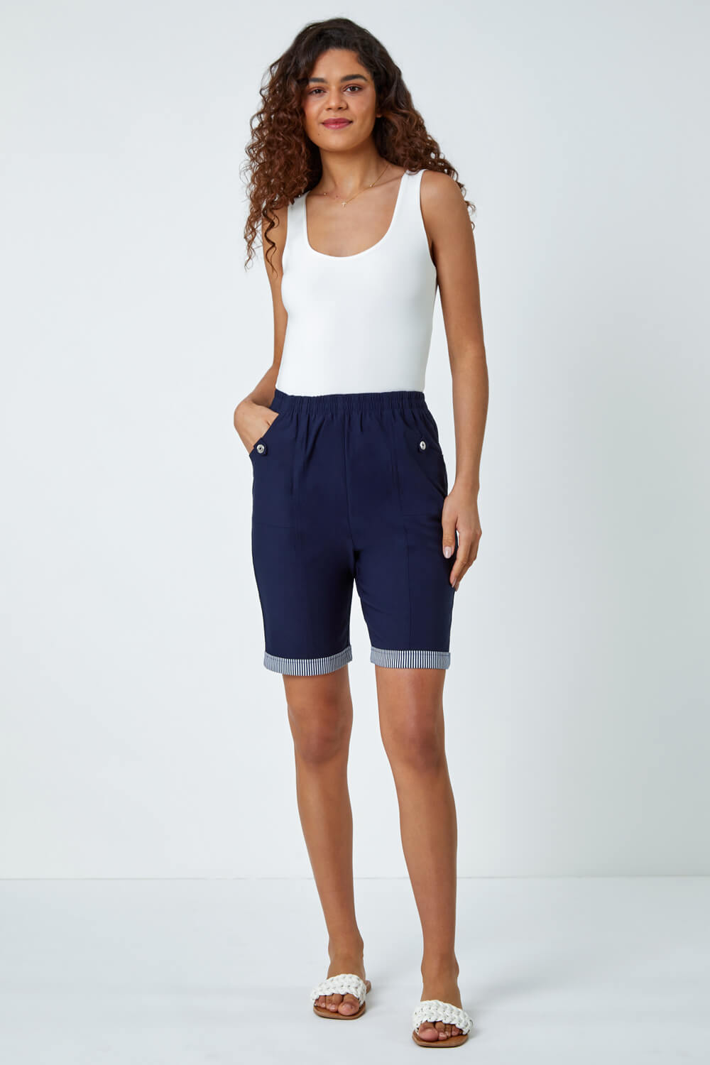 Navy  Contrast Detail Stretch Shorts, Image 2 of 5