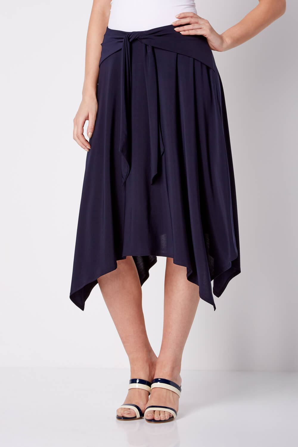Tie Front Hanky Hem Skirt in Navy Roman Originals UK
