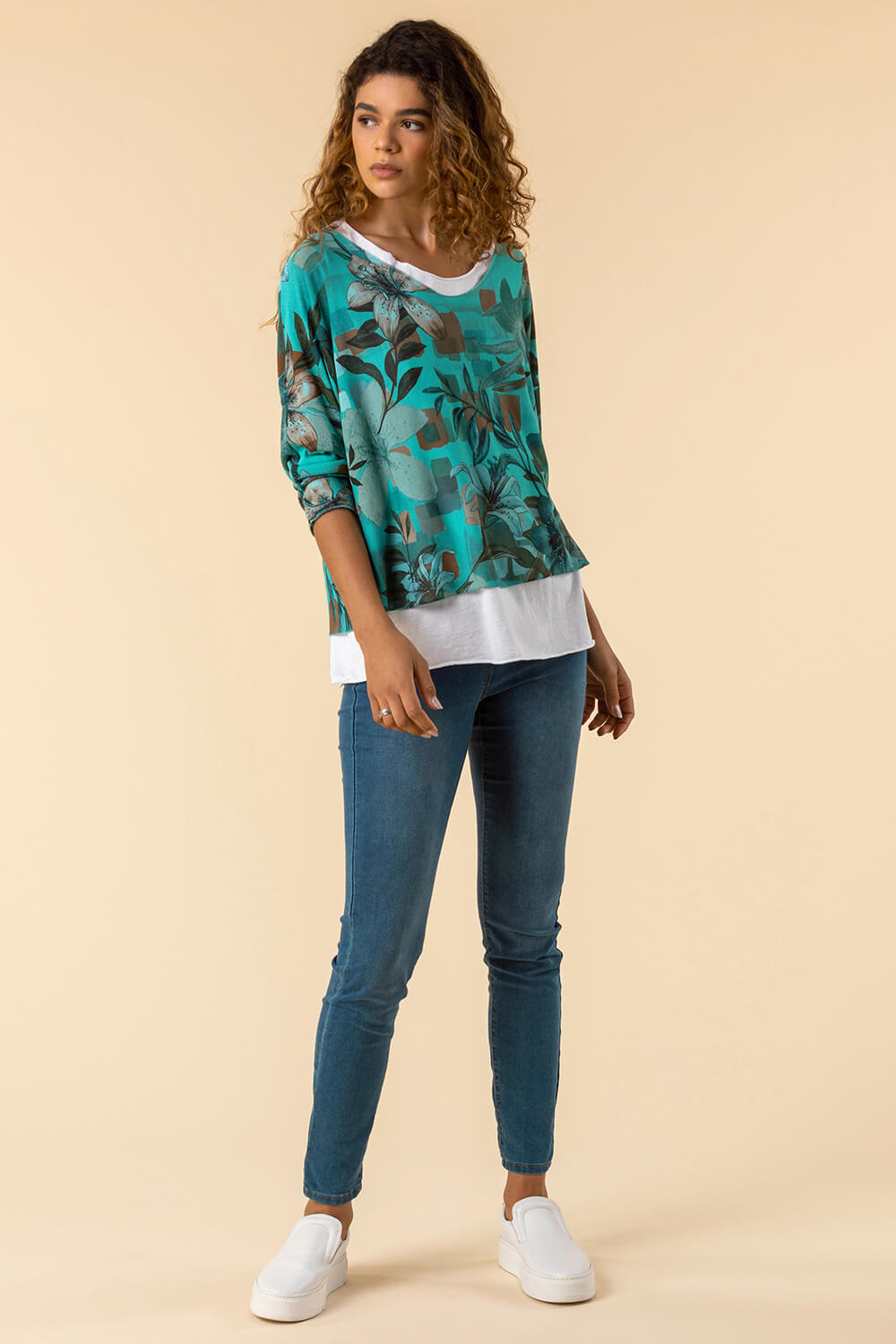 Green Floral Print Double Layer Top, Image 3 of 4