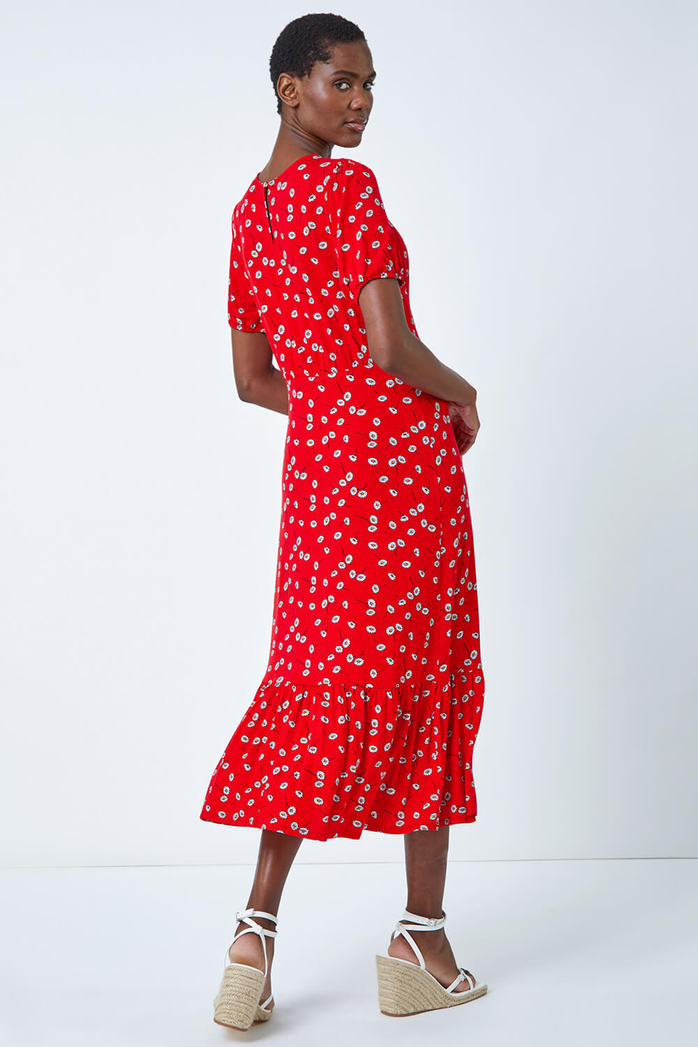 Red Ditsy Floral Print Midi Dress, Image 3 of 5