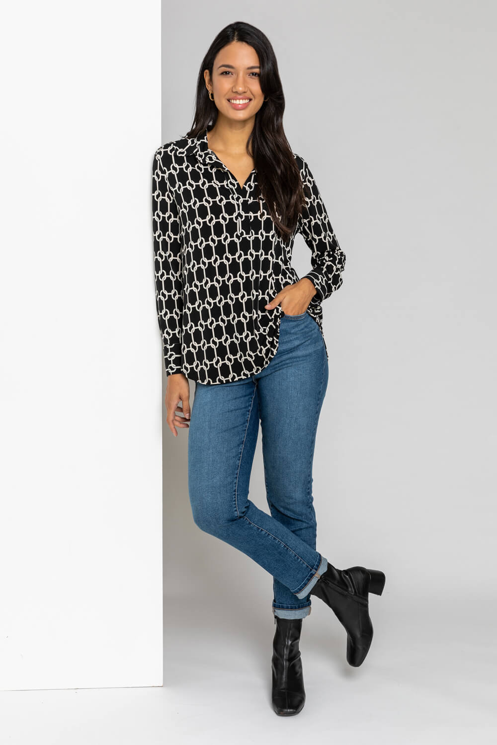 Black Chain Print Long Sleeve Collared Jersey Blouse, Image 3 of 5