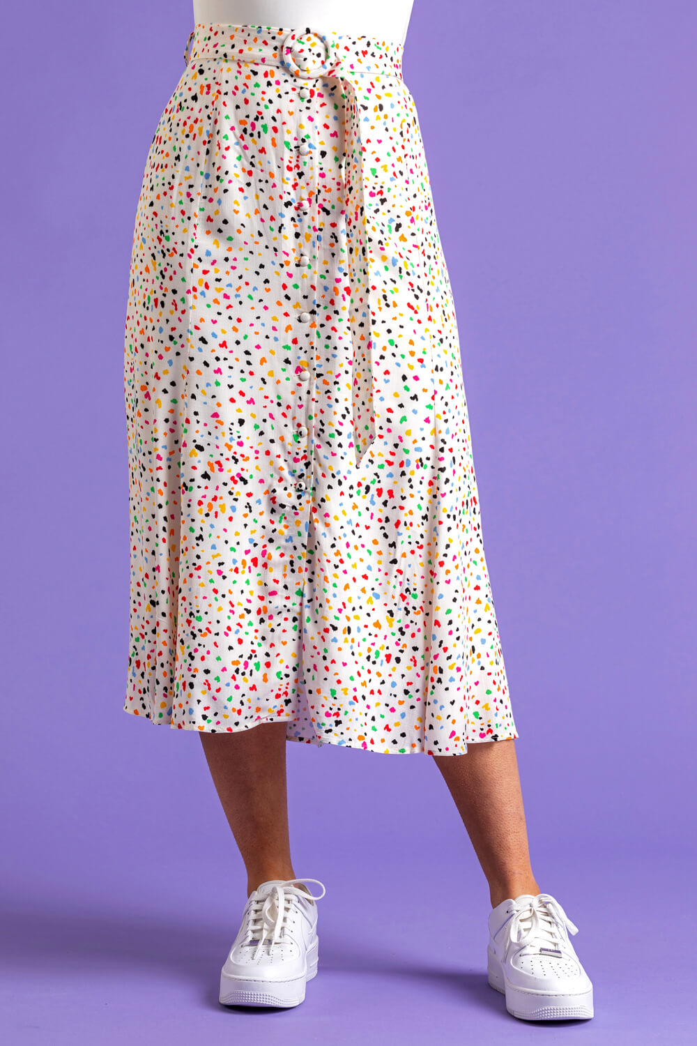 Multi  Scattered Spot Print Belted Skirt, Image 3 of 4