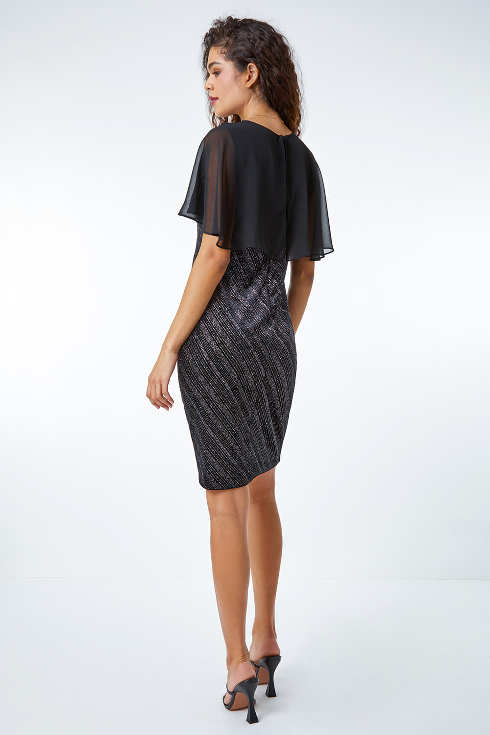 Black Velvet Shimmer Cape Detail Dress, Image 3 of 5