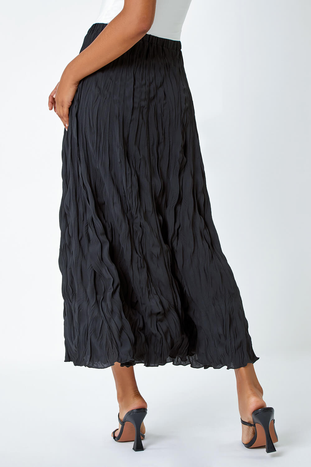 Black Textured Crinkle Midi Skirt, Image 2 of 5