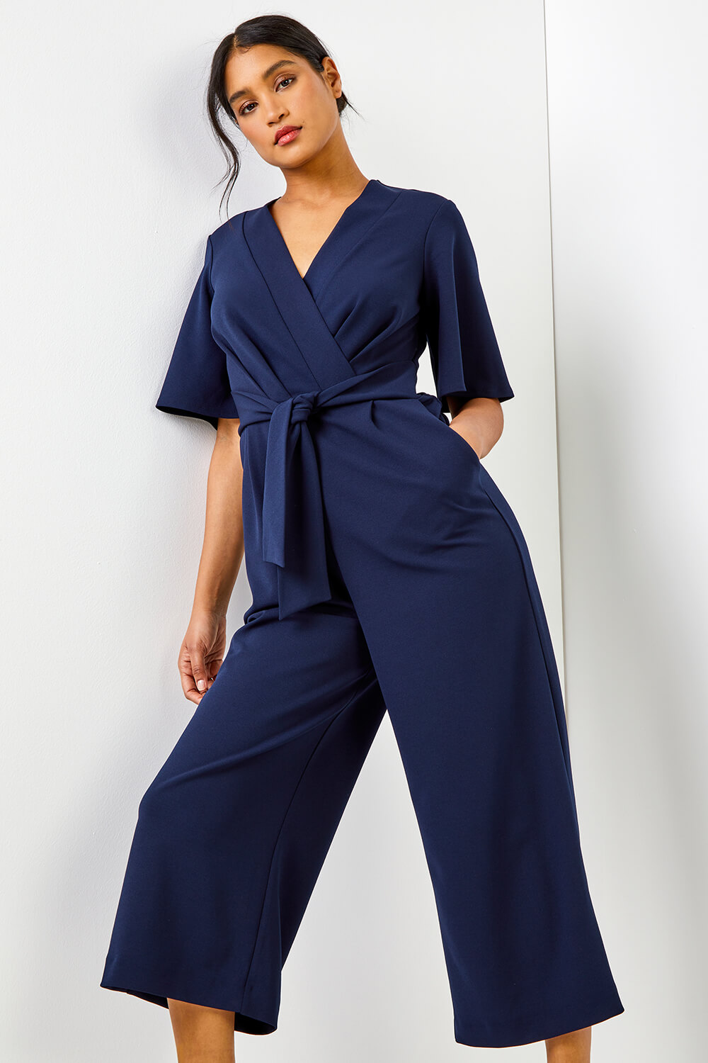 Angel Sleeve Cropped Wrap Jumpsuit