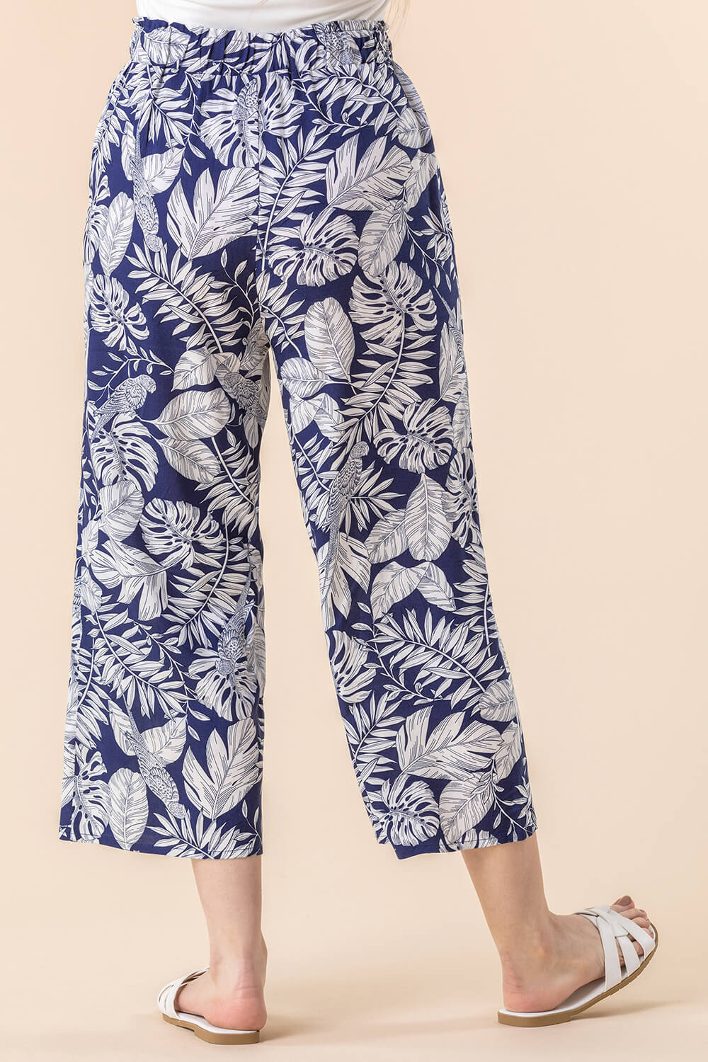 Navy  Bird Leaf Print Culotte Trousers, Image 2 of 4