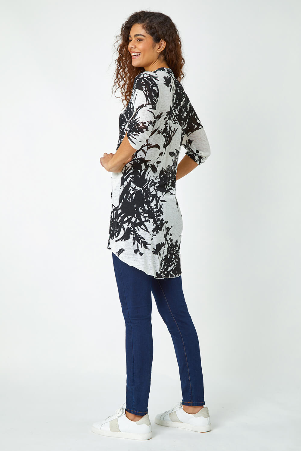 Ivory  Floral Print Longline Stretch Top, Image 3 of 5