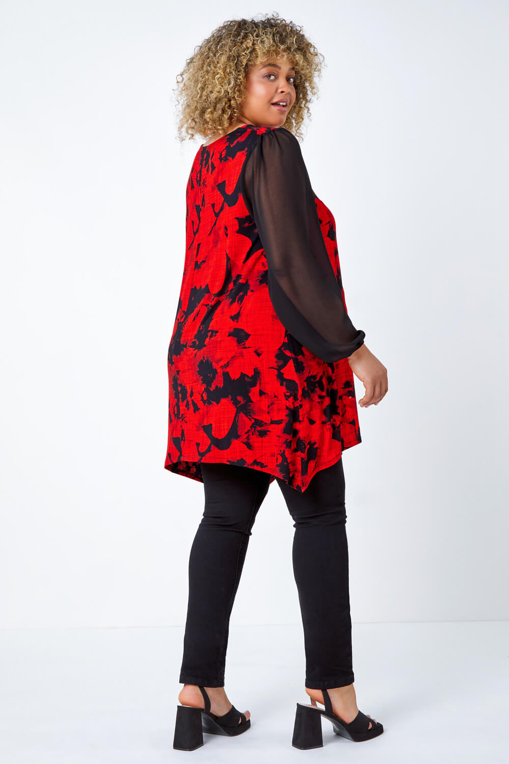 Red Curve Floral Chiffon Sleeve Stretch Top , Image 3 of 5