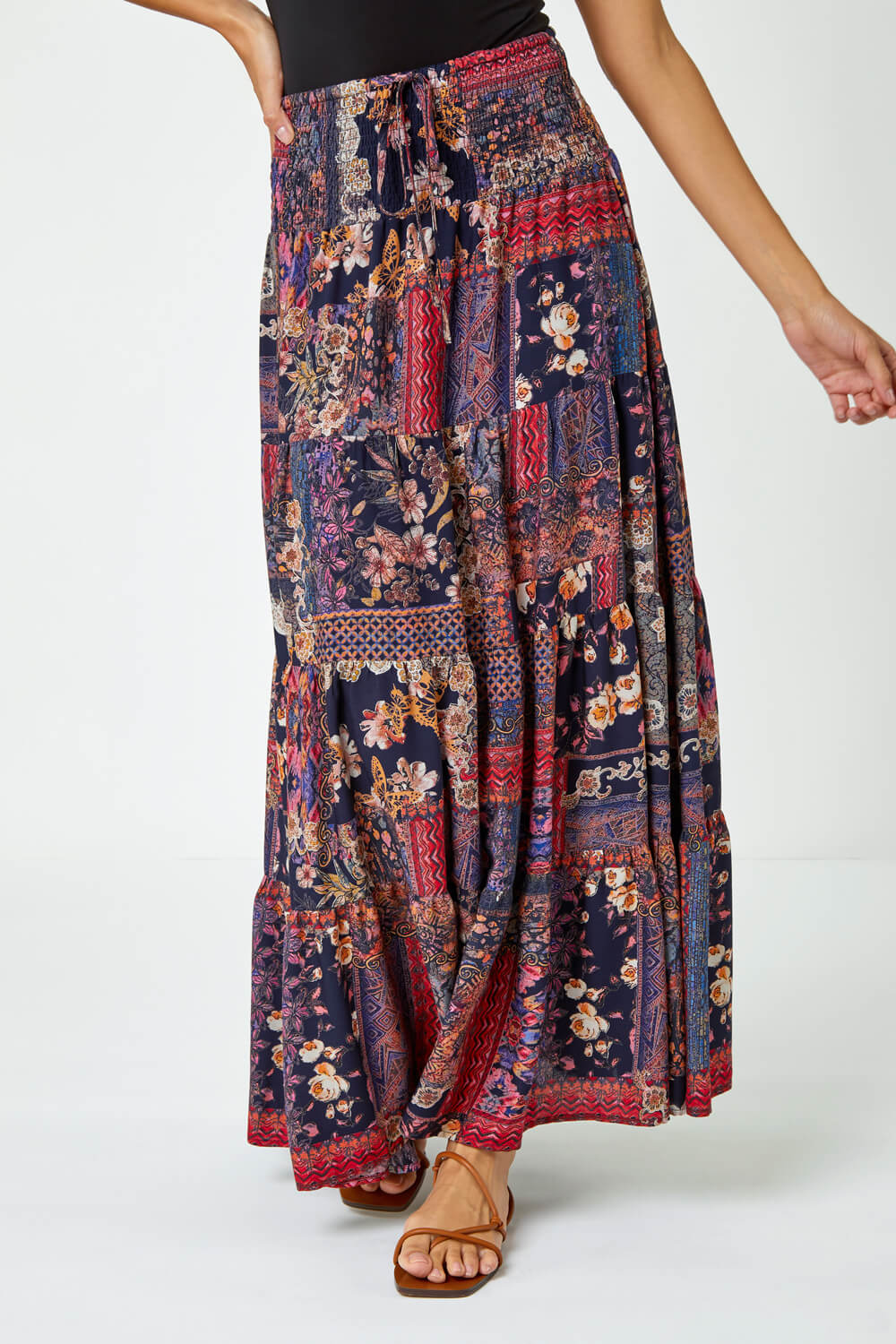 Red Boho Floral Shirred Waist Maxi Skirt | Roman UK