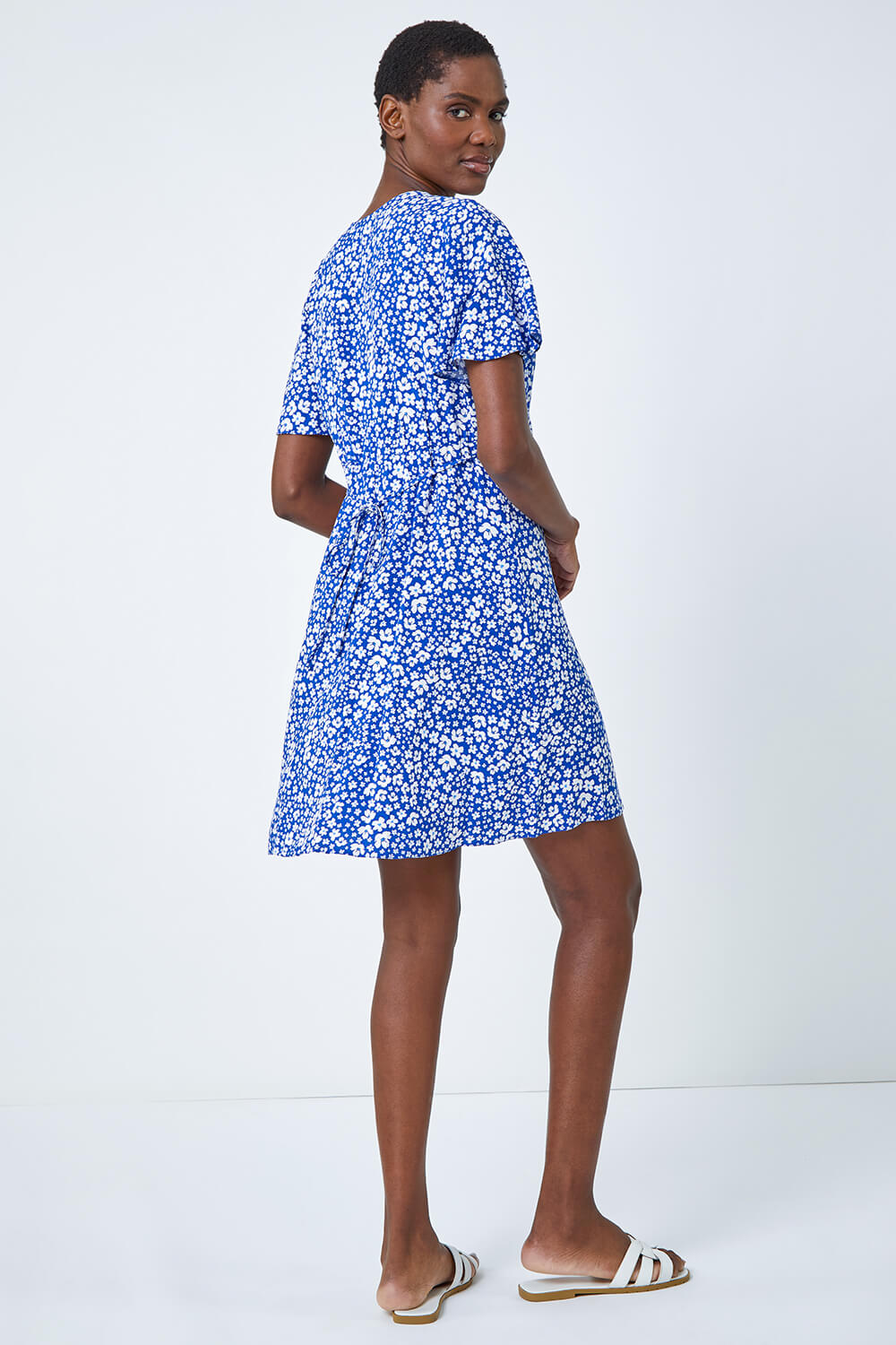 Blue Ditsy Floral Print Button Dress, Image 3 of 5