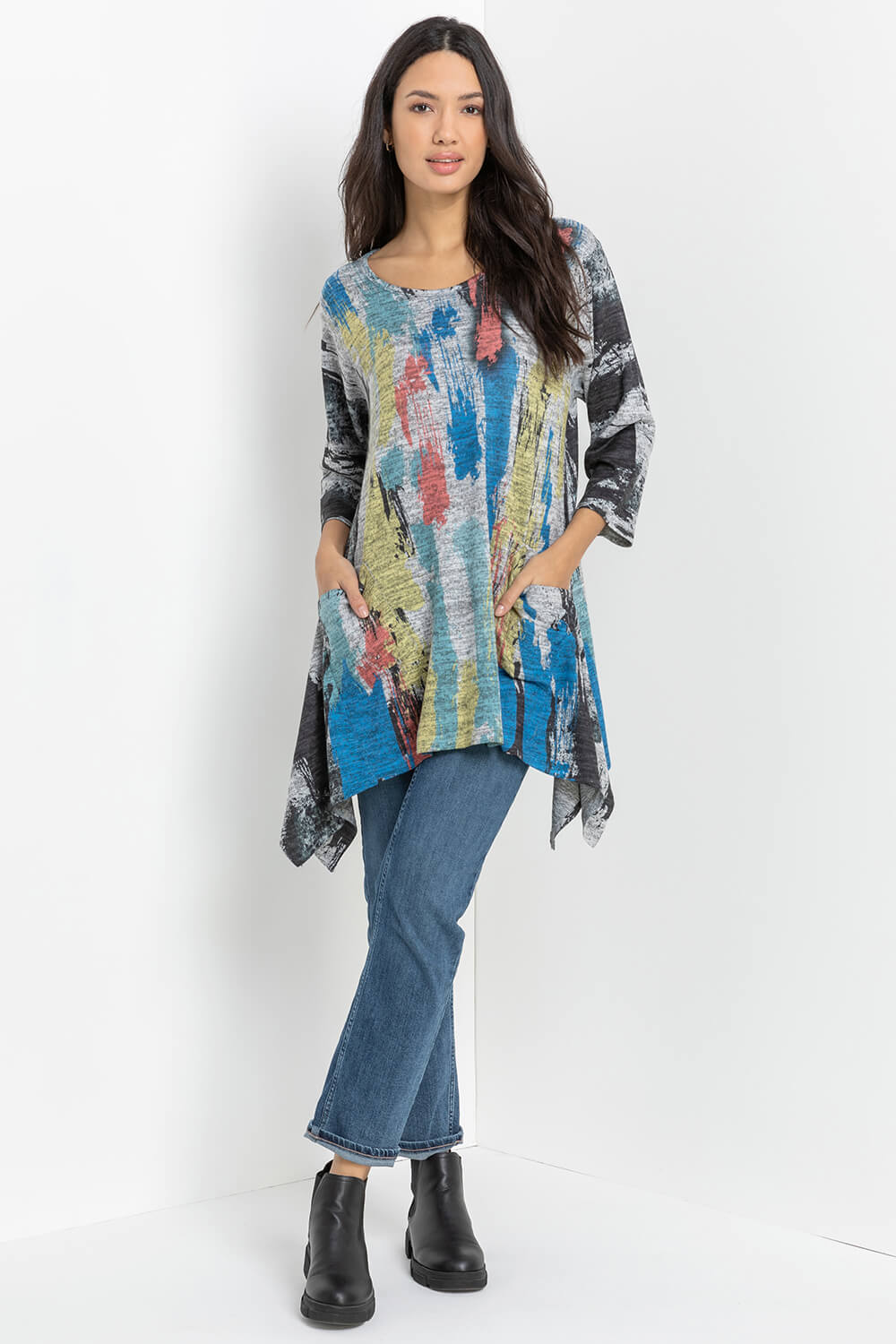 Blue Abstract Print Hanky Hem Slouch Top, Image 3 of 5