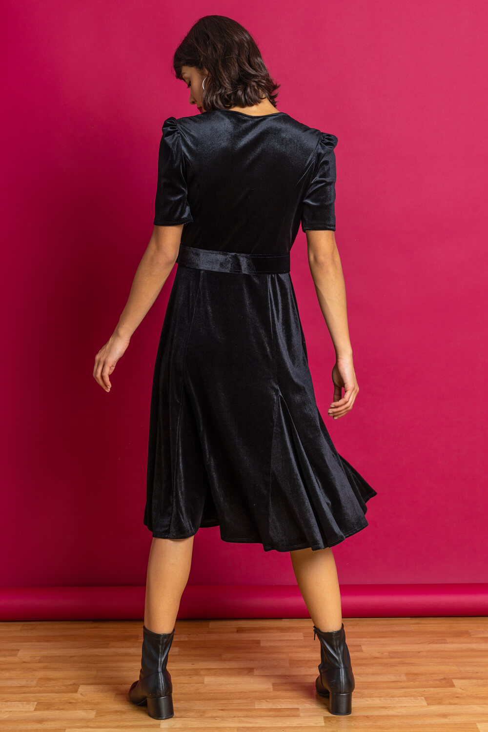 Black Velvet Buckled Belt Midi Dress, Image 2 of 5