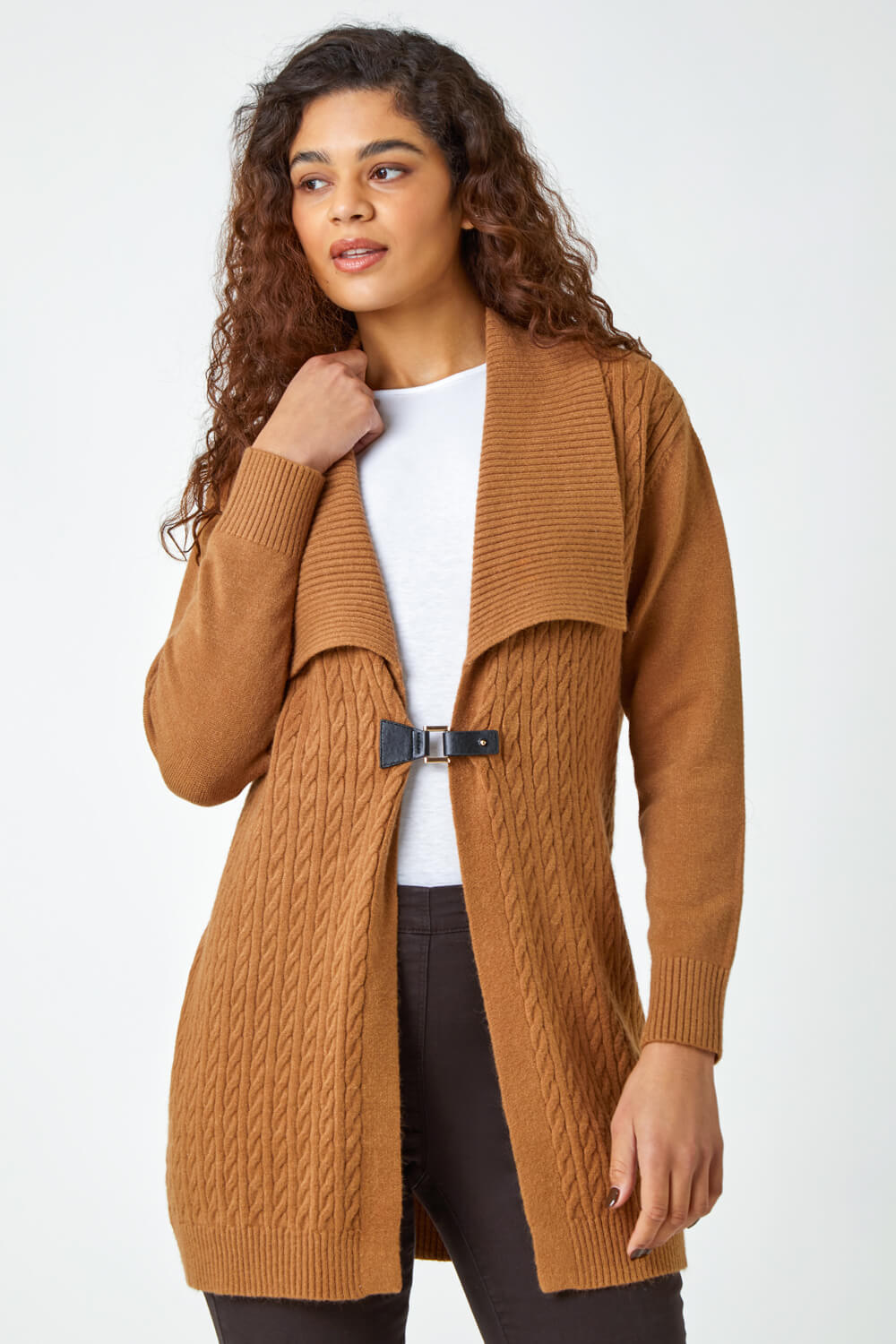 Mocha Collared Cable Knit Cardigan, Image 4 of 5