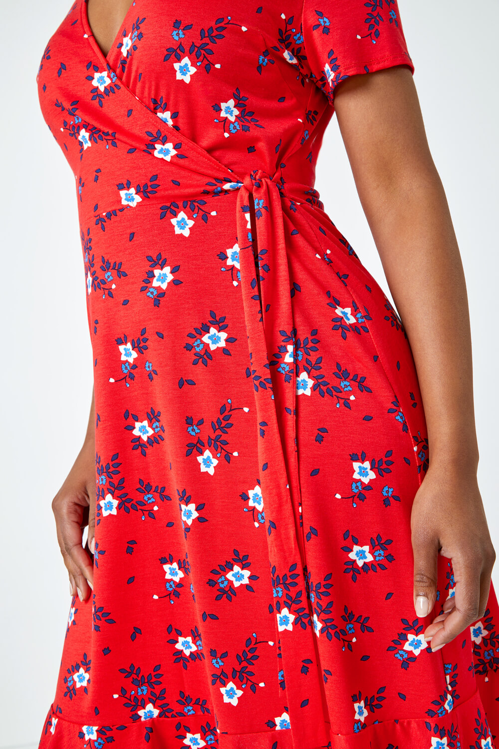Red Petite Floral Stretch Wrap Dress, Image 5 of 5