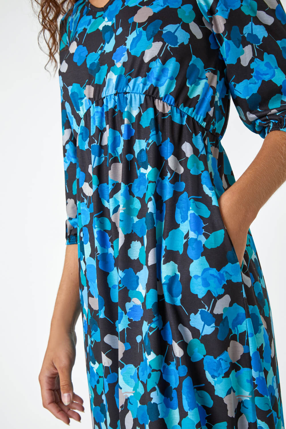 Blue Petal Print Frill Hem Midi Dress, Image 5 of 5