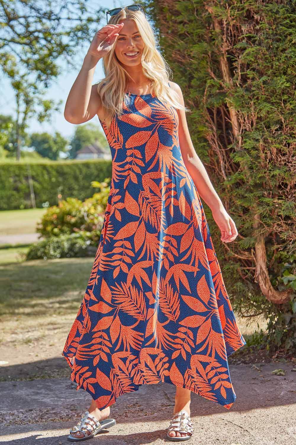 ORANGE Tropical Hanky Hem Midi Dress, Image 3 of 4