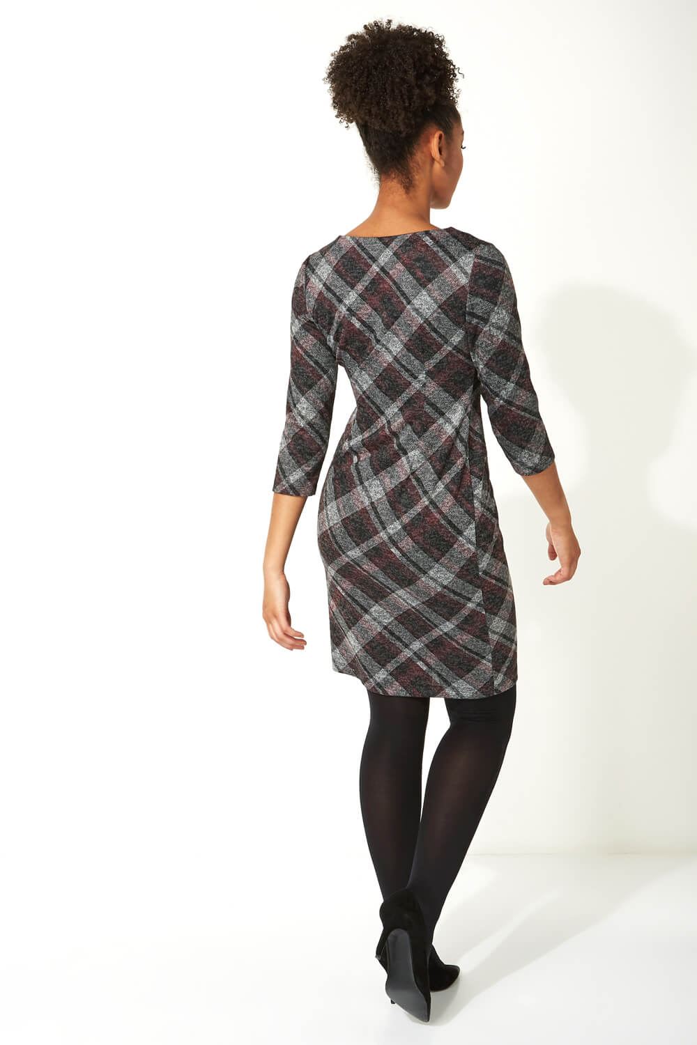 Red Check Print Ruched Waist Dress, Image 3 of 5